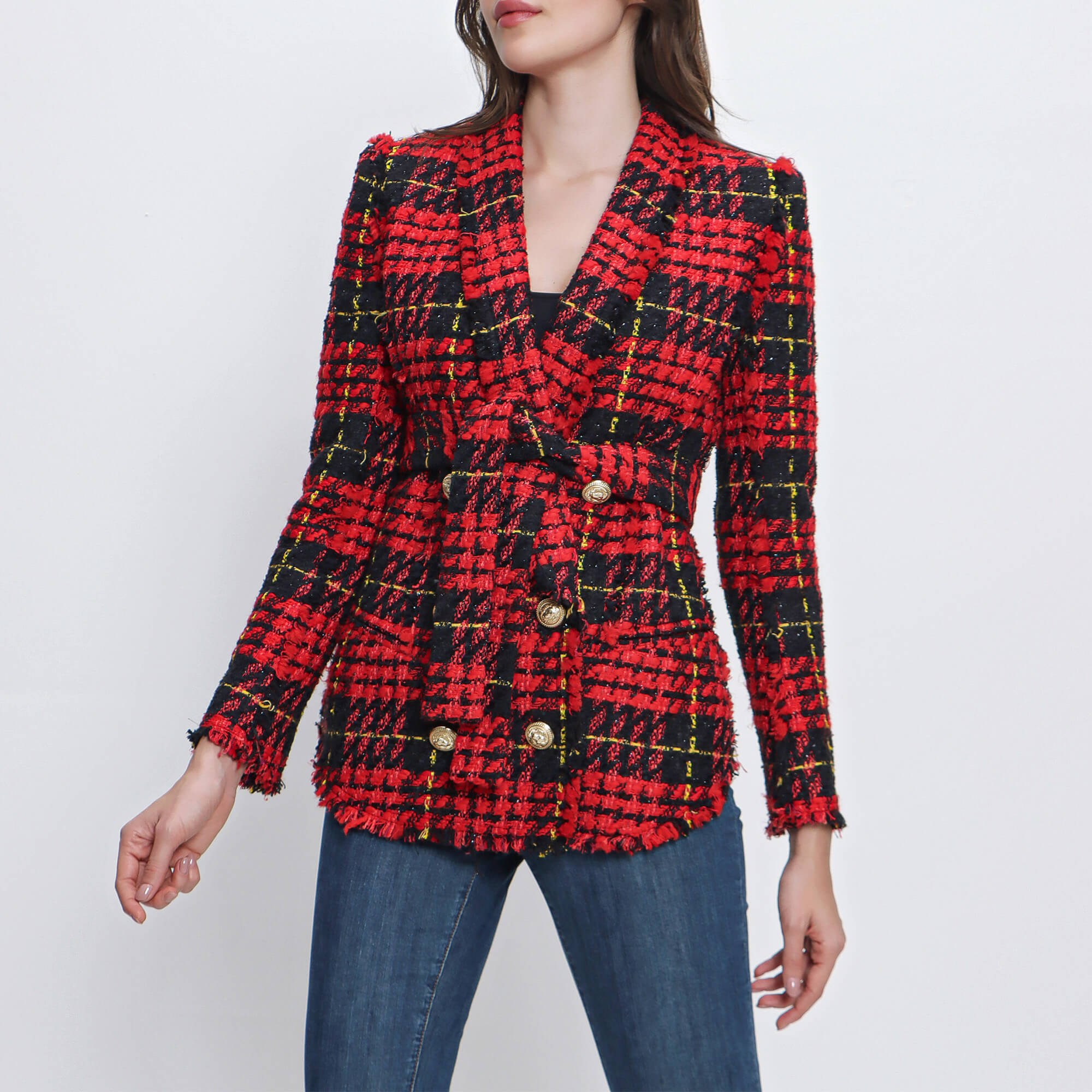 Balmain - Red Tartan Tweed Blazer Jacket